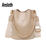Ansloth Patchwork Shoulder Bag Women Crocodile Design Bucket Bag Ladies PU Leather Crossbody Bag Female Solid Color Bag HPS586