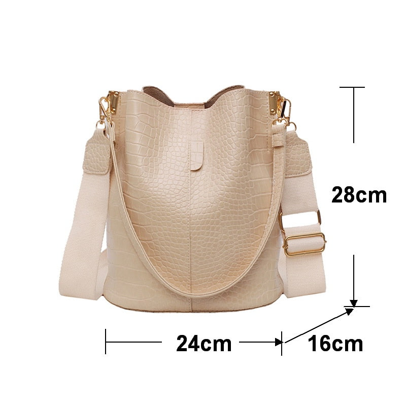 Ansloth Patchwork Shoulder Bag Women Crocodile Design Bucket Bag Ladies PU Leather Crossbody Bag Female Solid Color Bag HPS586