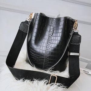 Ansloth Patchwork Shoulder Bag Women Crocodile Design Bucket Bag Ladies PU Leather Crossbody Bag Female Solid Color Bag HPS586