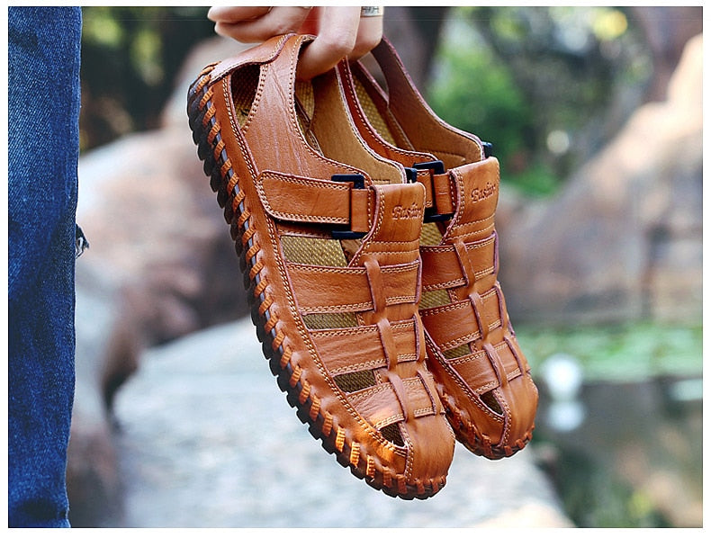 MYNDE Men Cow Leather Sandals Outdoor 2019 Summer Handmade Men Shoes Men Breathable Casual Shoes Footwear Walking Sandals