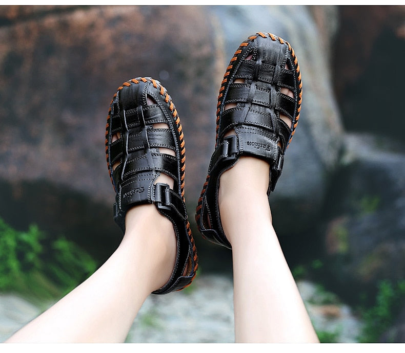 MYNDE Men Cow Leather Sandals Outdoor 2019 Summer Handmade Men Shoes Men Breathable Casual Shoes Footwear Walking Sandals