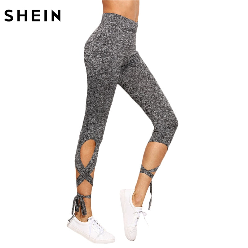 SHEIN Women Pants Trousers for Ladies Fitness Plain Light Grey High Waist Crisscross Tie Fitness Elastic Leggings