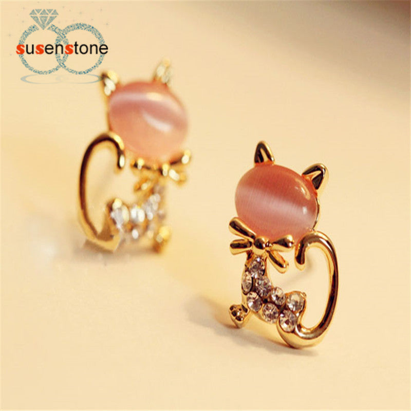 SUSENSTONE 2016 New Fashion Korean Fashion Cute Cat Stone Crystal Rhinestone Women Stud Earrings Stud Earrings Fashion Jewelry