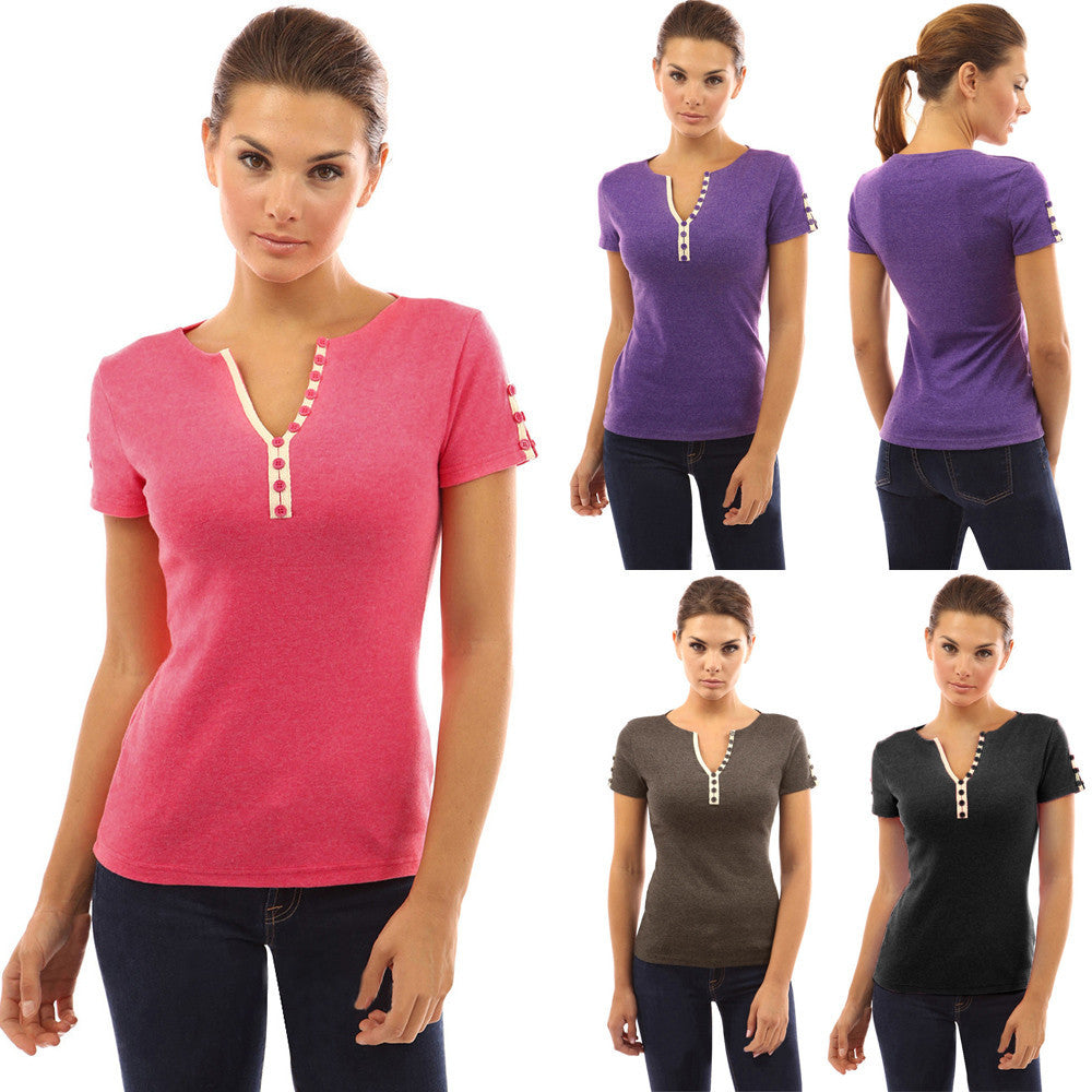 Women Ladies Sexy Casual Button V Neck T-shirt Short Sleeve Tops Blouse