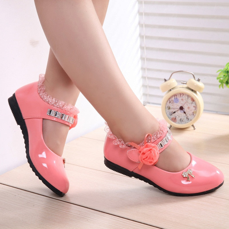 Hot Spring Rhinestone Big Girls Shoes with Rose Flower Fashion Princess Slip-on Children Flat Shoes for Girls Shoes Size 6-13