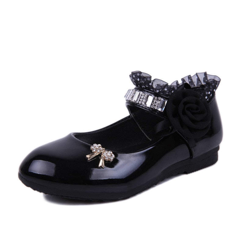 Hot Spring Rhinestone Big Girls Shoes with Rose Flower Fashion Princess Slip-on Children Flat Shoes for Girls Shoes Size 6-13