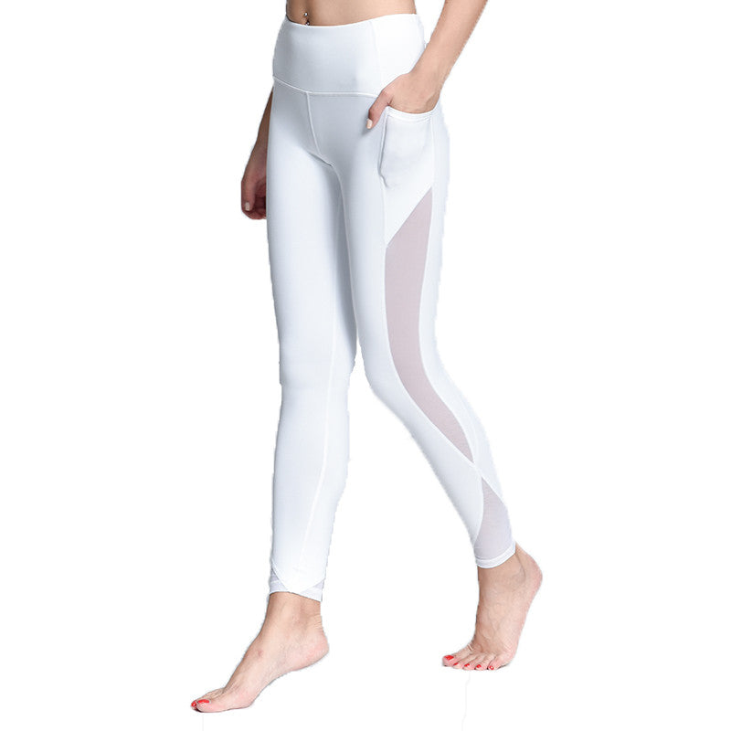 Women Yoga Compression Pants Mesh Leggings Pants Elastic Tights Sexy Yoga Capri with Pocket for Workout Gym Jogging