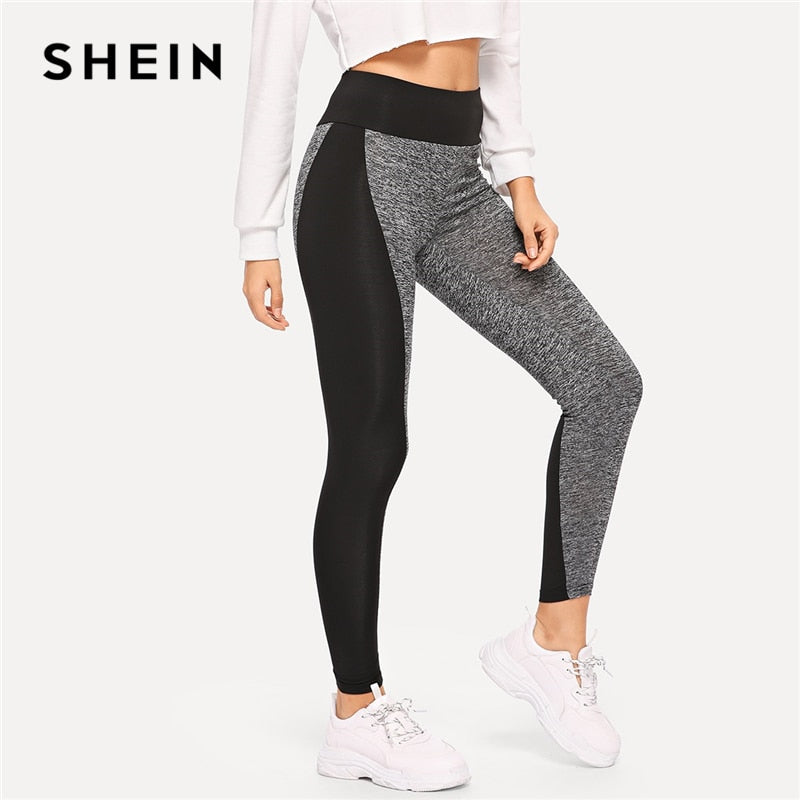 Shein Multicolor Sporting Casual Wide Waist Color Block Leggings Autumn Minimalist Women Leggings