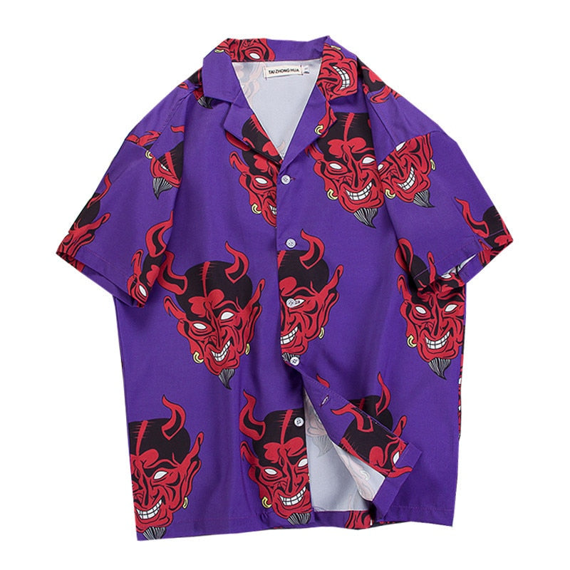 hip hop streetwear shirts men Devil Full Printing short sleeve summer floral rapper harajuku loose hawaiian korean shirts camisa